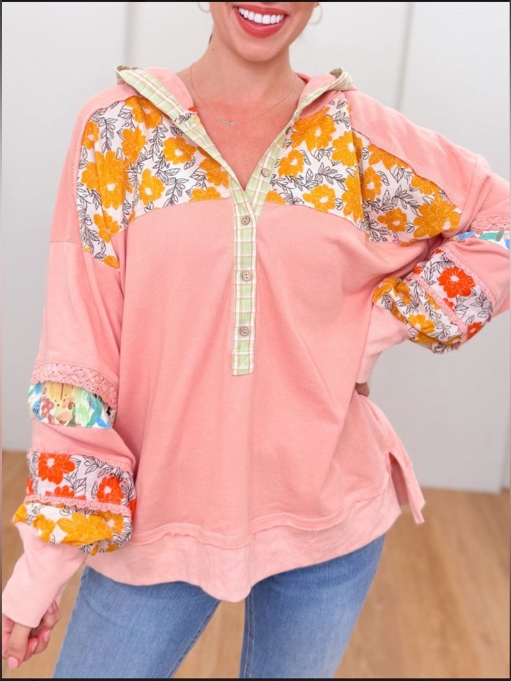 Coral 🪸 Floral Patchwork Henley Hoodie Top
